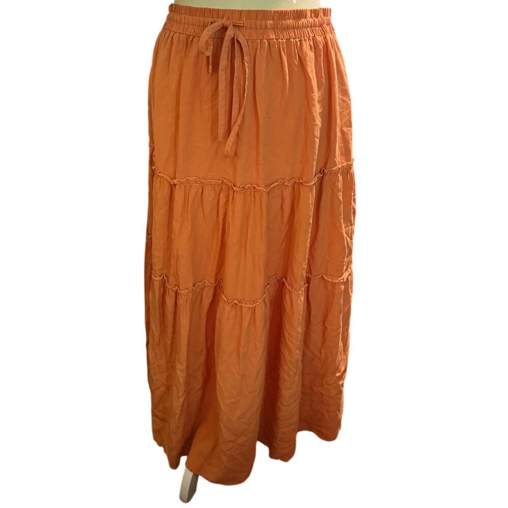 HAEOF Terracotta Orange Tiered Maxi Skirt, Tencel, Boho Cottagecore, Large